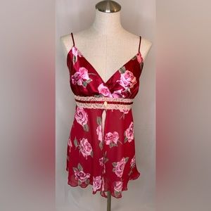 Vintage California dynasty babydoll red lace nightie open front teddy chemise XL